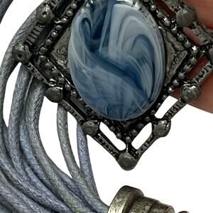 Blue & White Swirl Pendant Necklace 15” Multi-Strand Gray Cord Silver Trim